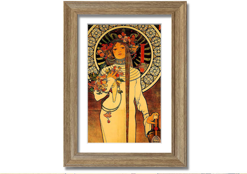 Framed print of Alphonse Mucha's La Trappistine artwork, showcasing intricate details and vibrant colors.